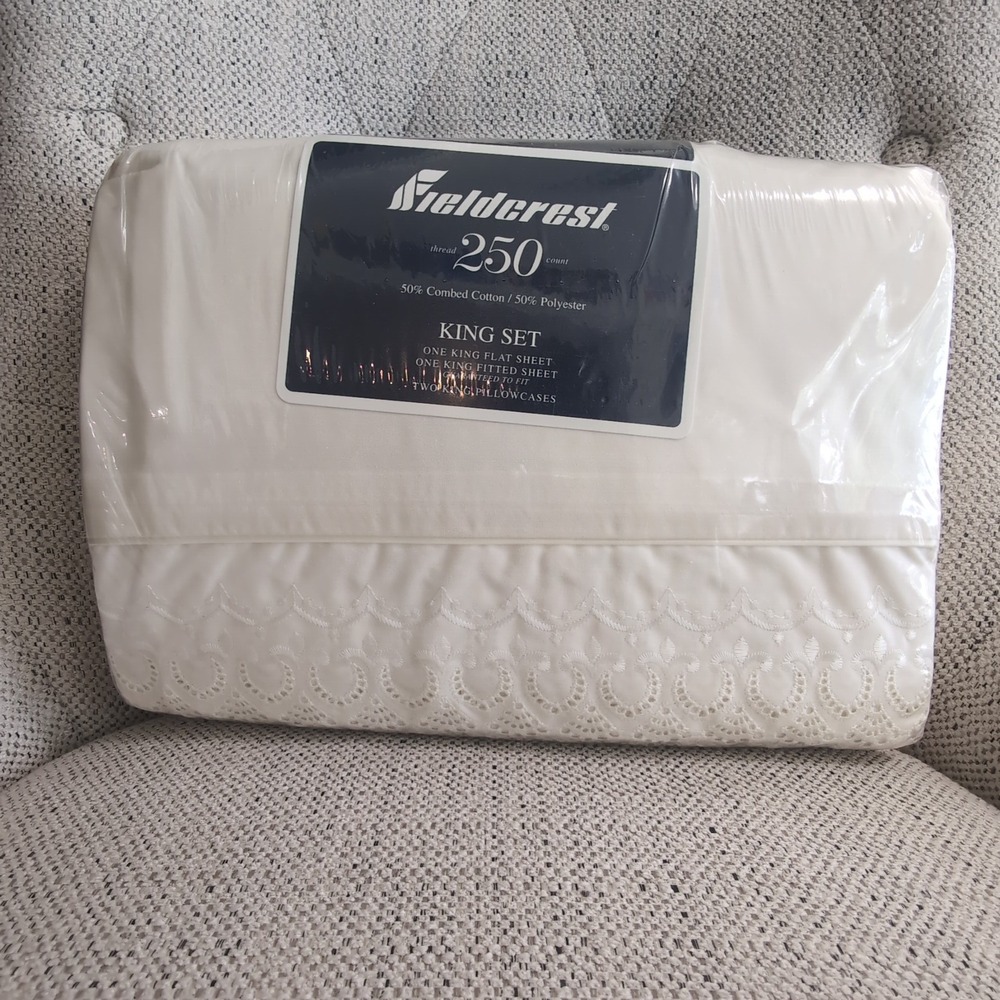 Vintage Fieldcrest Duchess Lace King Sheet Set NOS Sealed Parchment Embroidered